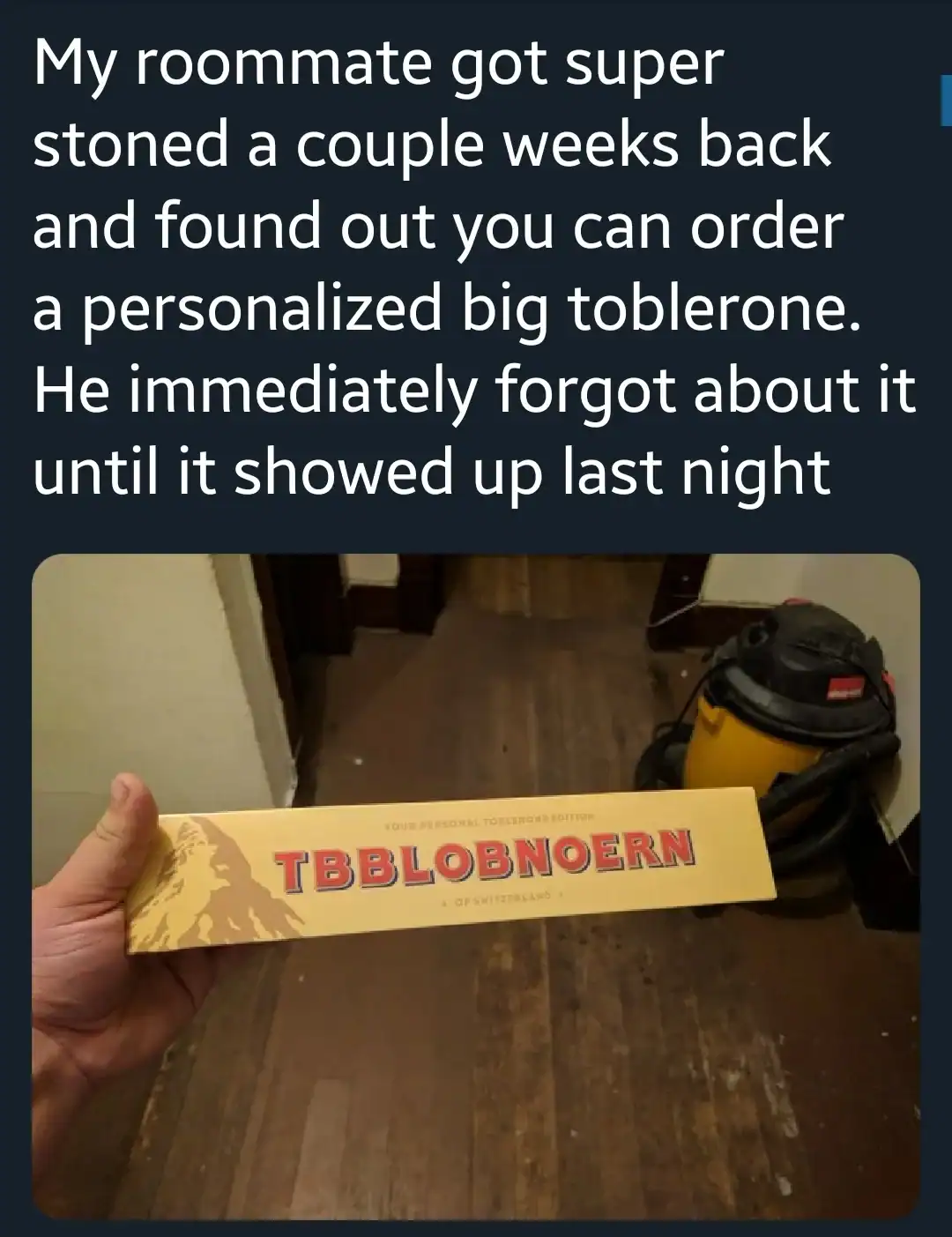 Humorous spelling mistake on a Toblerone chocolate box.