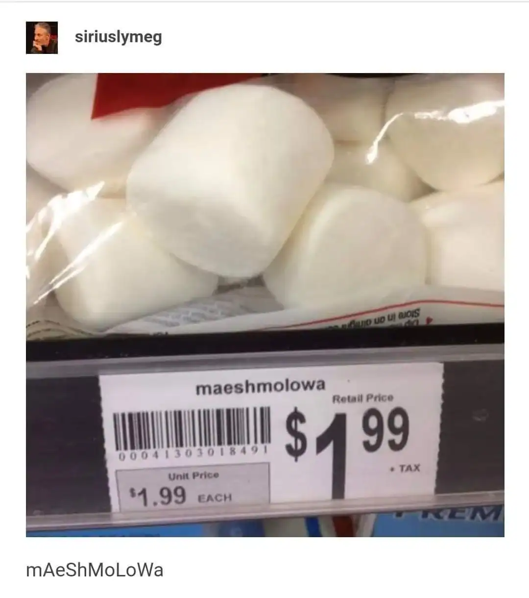 Pack of marshmallows on store shelf with price tag.
