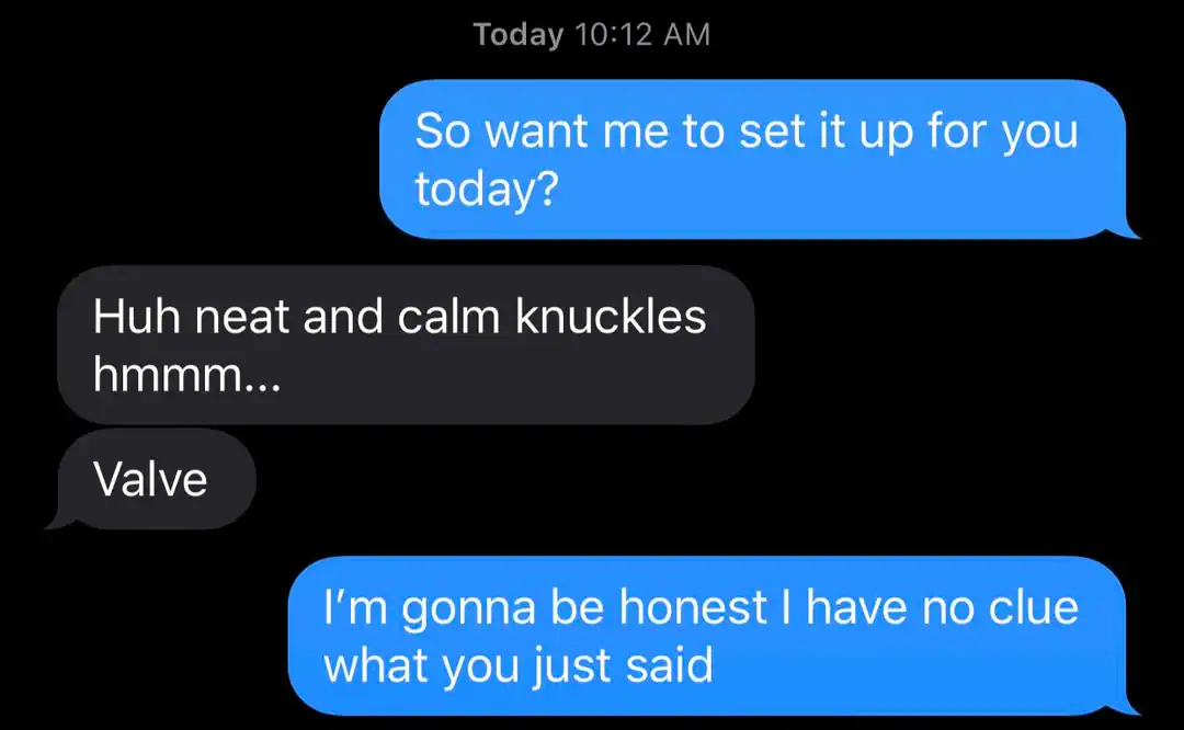 Humorous text exchange about setting up a device.