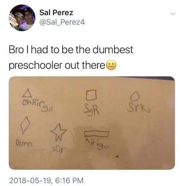 Preschooler’s doodles with misspelled shapes and words, showcasing early childhood spelling challeng.