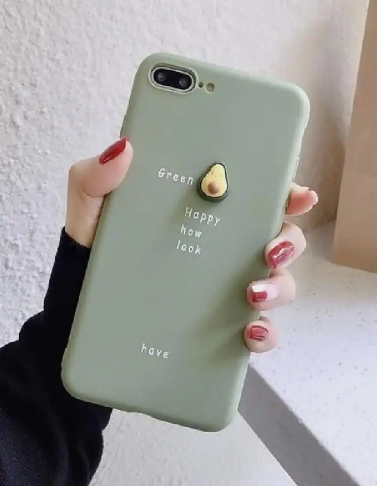 Cute avocado-themed phone case with the words "Green," "Happy," "how," "look," and "have.".