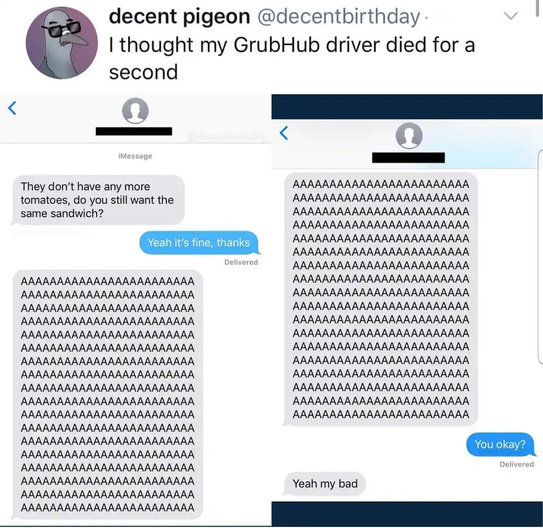 Humorous meme of a confusing text conversation with exaggerated "A" responses.