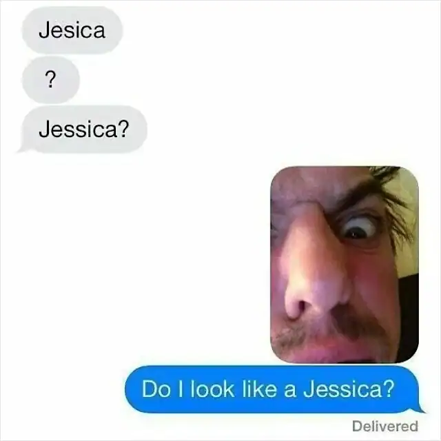 Humorous text message exchange with a funny face photo, questioning if the person looks like Jessica.