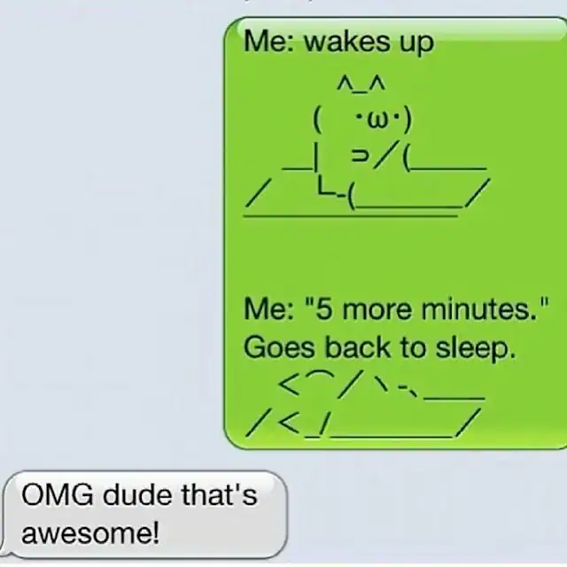 Humorous text message meme with ASCII art about waking up and going back to sleep.