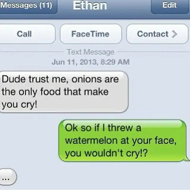 Humorous text message exchange about onions and watermelon.