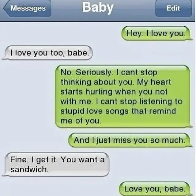 Romantic text message exchange between a couple about love and missing each other.