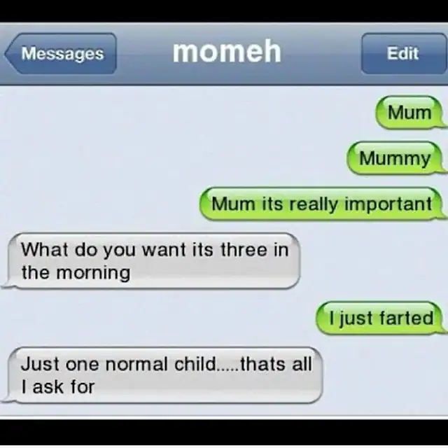 Funny text message exchange between a mother and child about importance and farting.