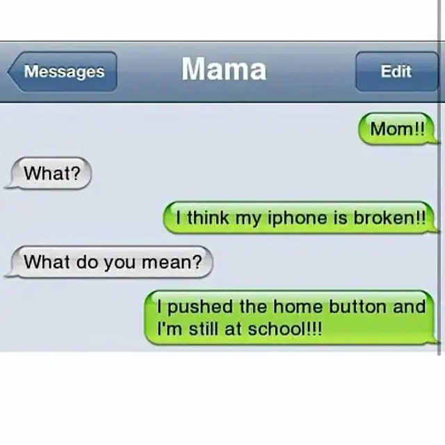 Funny text message exchange between a child and mom about a broken phone.