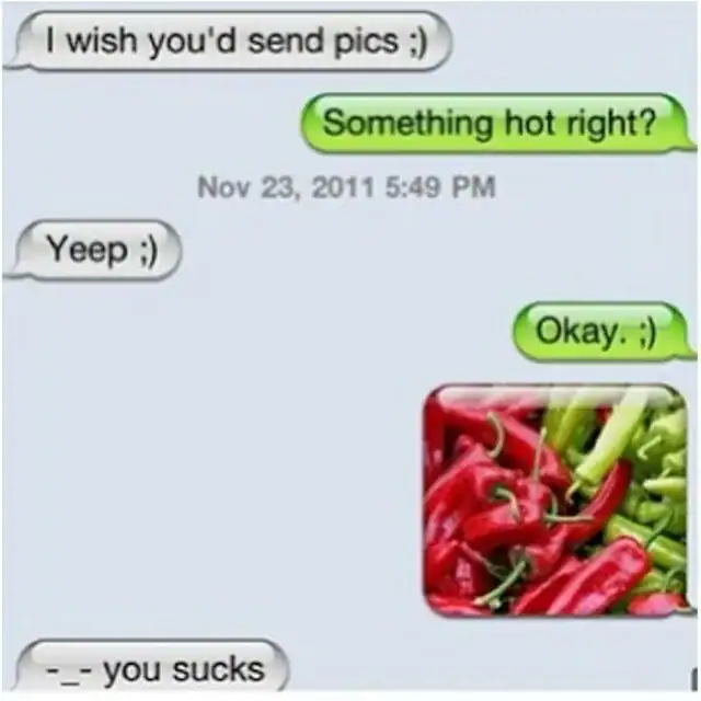 Humorous text message exchange about sending pictures and hot peppers.