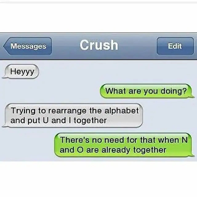 Funny text message about rearranging alphabet letters and avoiding unnecessary pairings.
