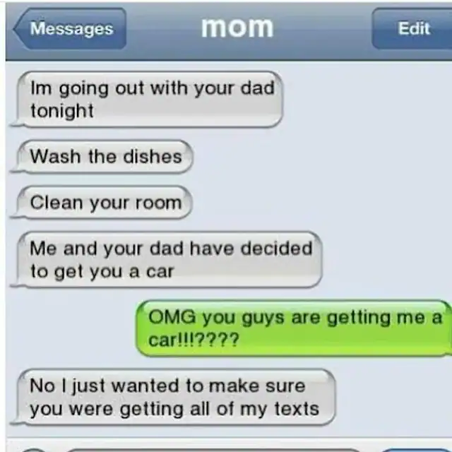 Humorous text message exchange about going out with dad and getting a car.