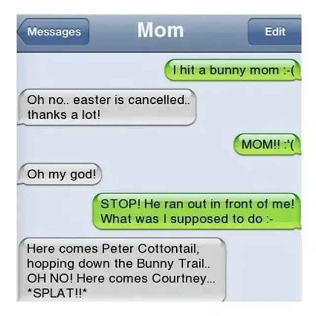 Humorous text message exchange about a bunny and Easter cancellation.