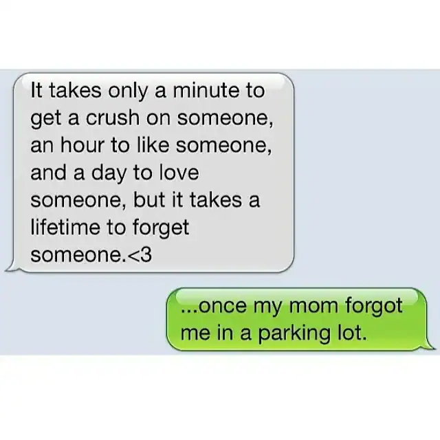Humorous text message about love and forgetting in a parking lot.