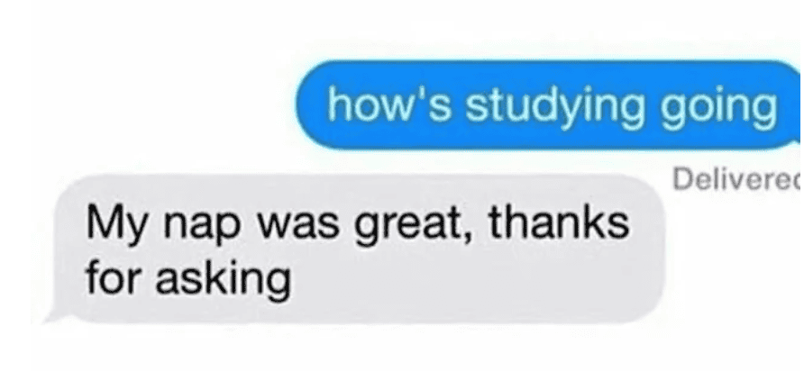 Humorous text message exchange about studying and napping, perfect for comedy scenes.