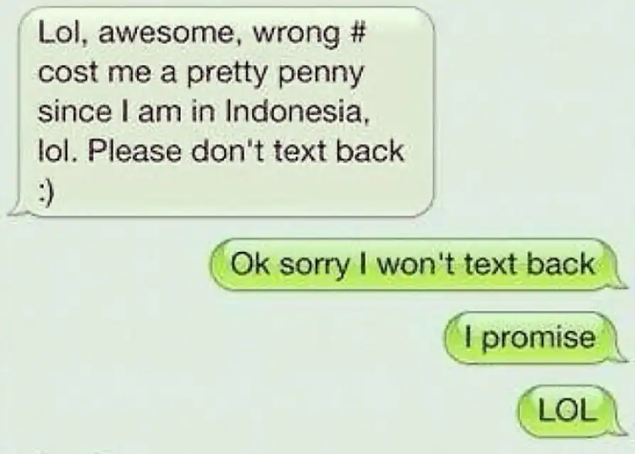 Funny text message exchange about Indonesia and texting mistakes.