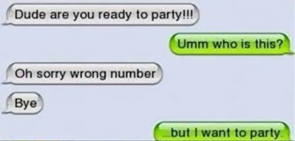 Conversation screenshot with humorous party message exchange.