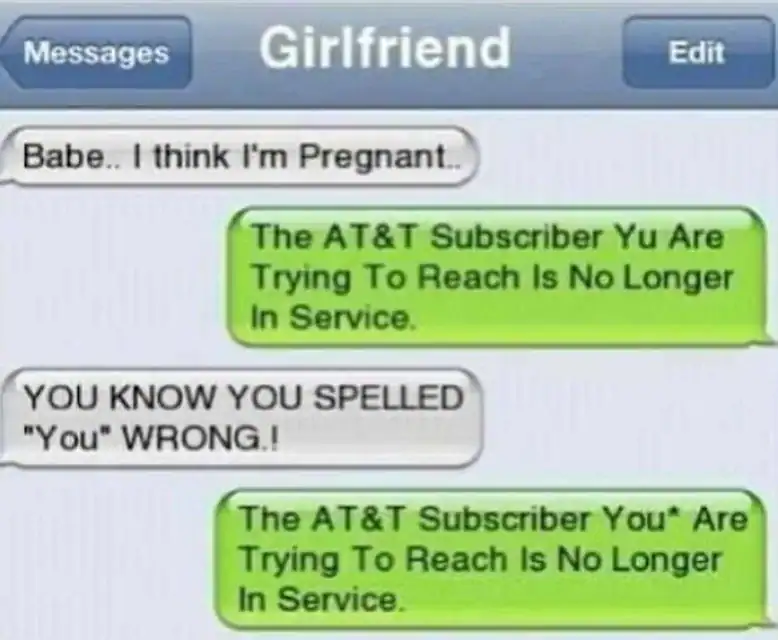 Humorous pregnancy-related text message about mistaken pregnancy.