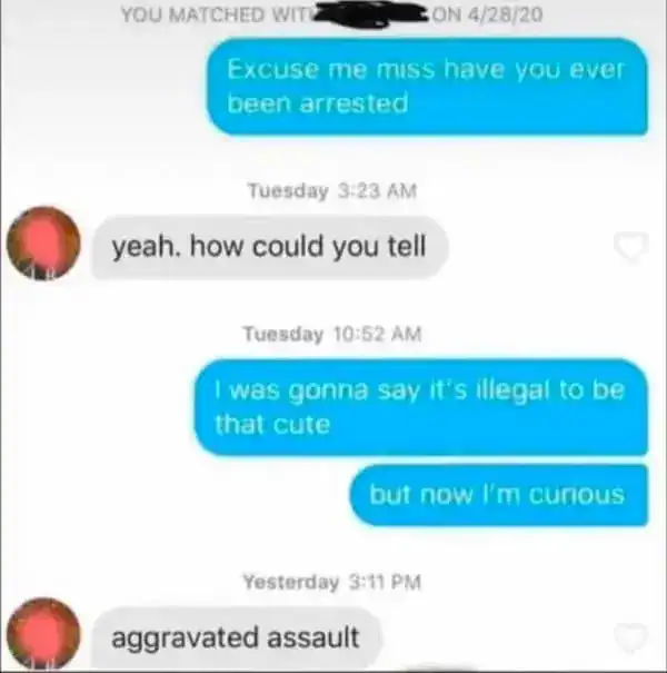 Humorous text exchange about being arrested and curiosity.