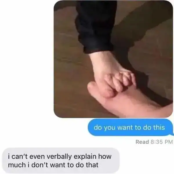 Person holding foot in a humorous foot massage scene from a text message conversation.
