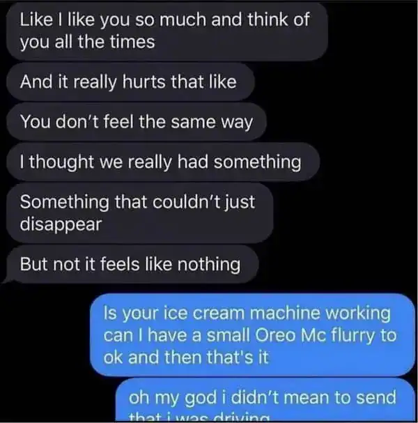Funny text message about ice cream machine and Oreo McFlurry.