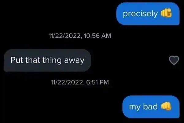 Humorous text message exchange about hiding and regret.