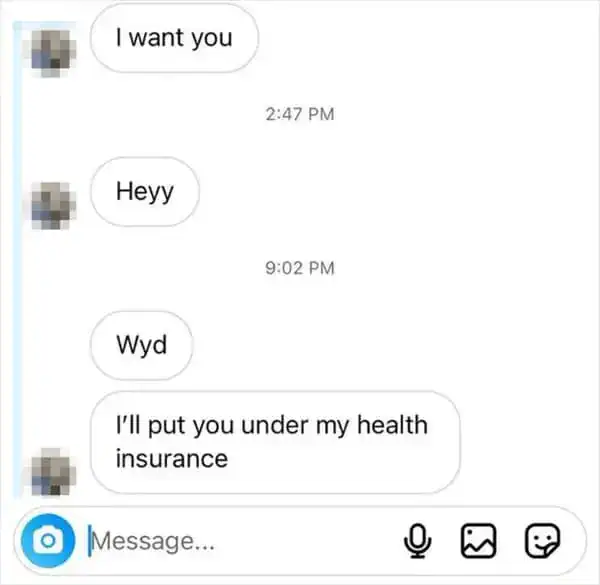 Funny text message about health insurance humor.
