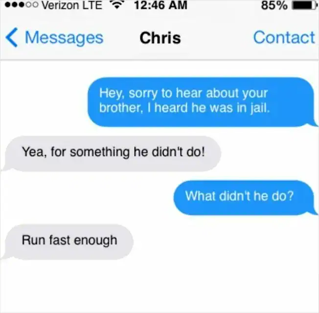 Text message conversation about brother in jail with humorous tone.