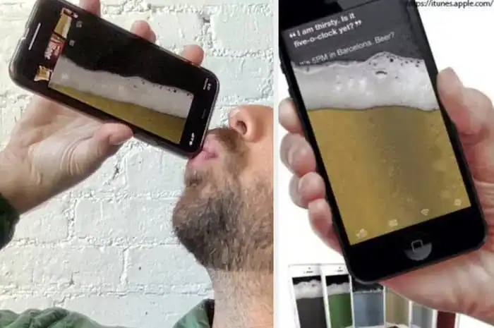 Man drinking beer from smartphone screen, creating an optical illusion.