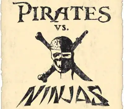 Vintage-style pirate and ninja skull graphic for fun T-shirt design.