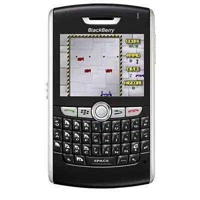 BlackBerry phone displaying classic Brick Breaker game with colorful blocks and paddle.