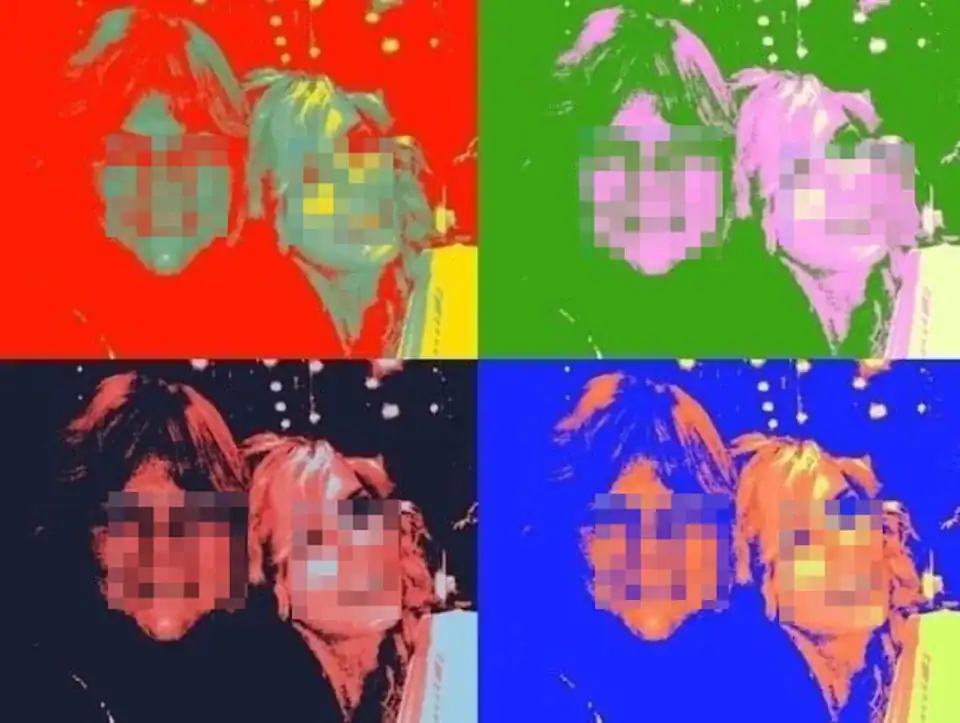 Pixelated pop art portrait of two individuals with colorful backgrounds in red, green, black, and bl.