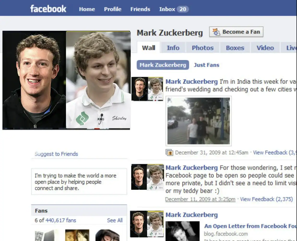 Mark Zuckerberg's Facebook profile page showing his profile picture and timeline.