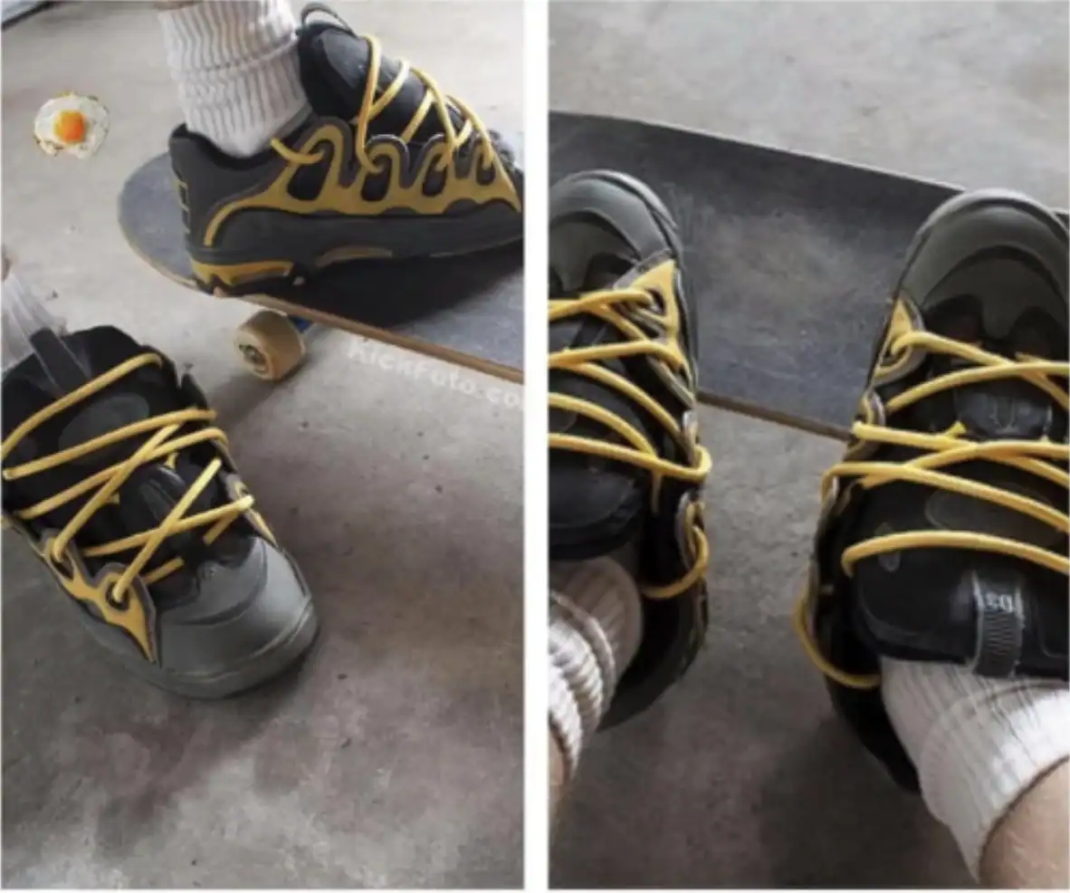 Sneaker with yellow laces and black design on skateboard, casual footwear for skateboarding or every.