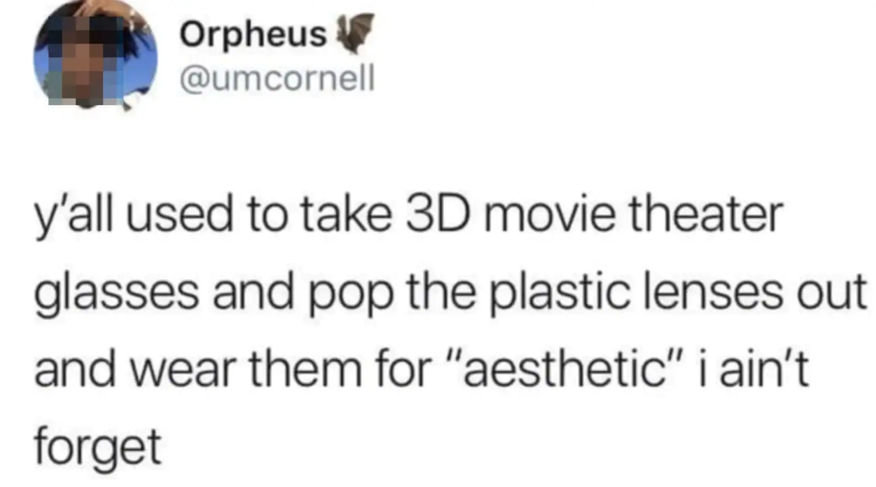 Funny 3D movie theater glasses worn for aesthetic purposes.