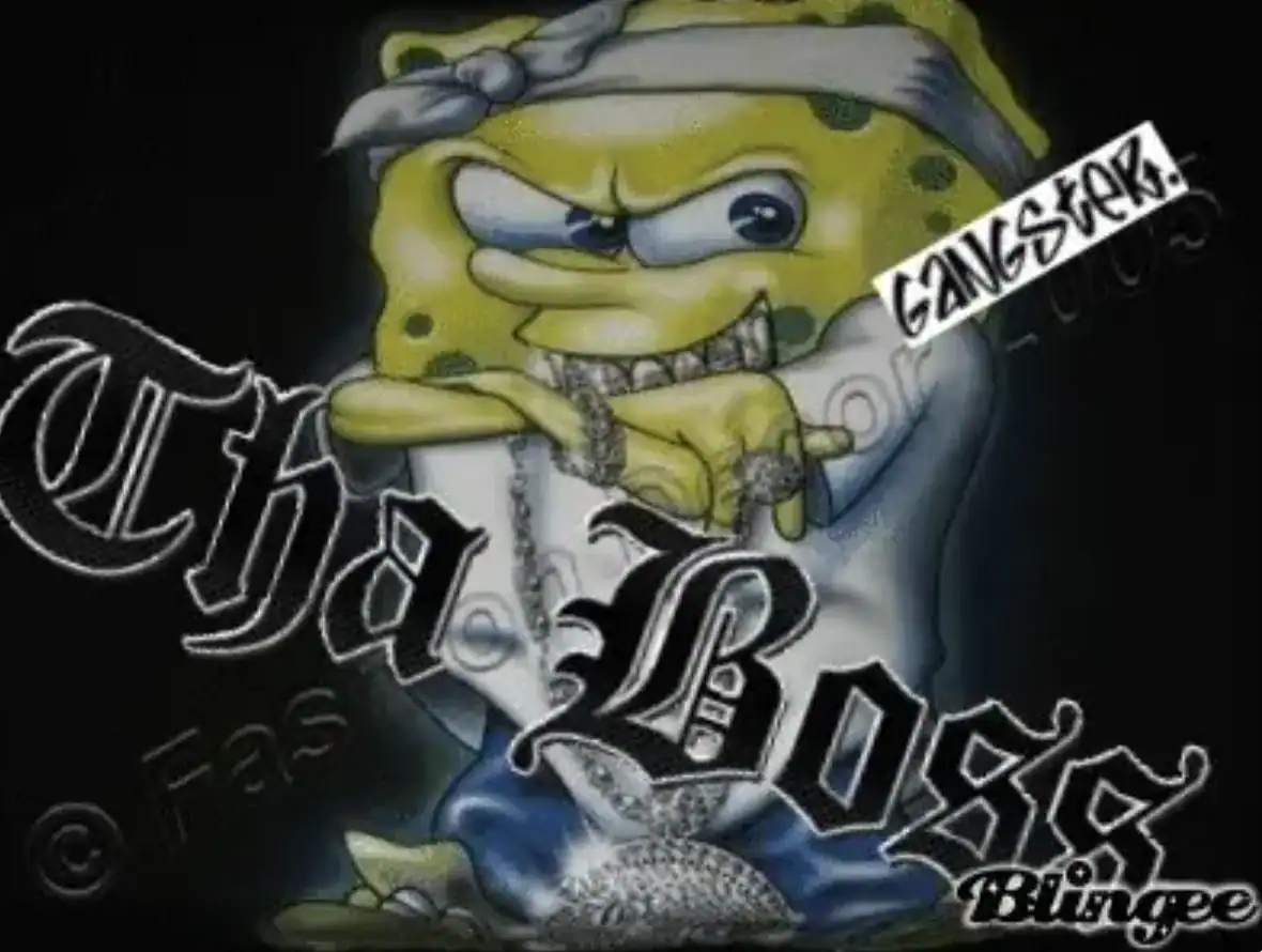 Cartoon SpongeBob dressed as a gangster with a chain and a fish, graffiti style background.
