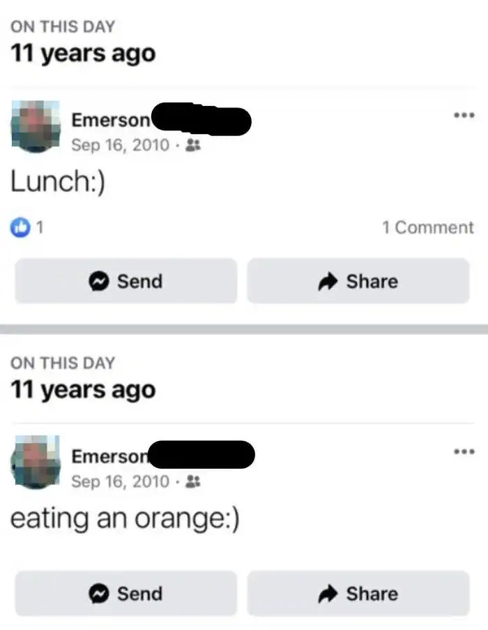 Facebook post showing two updates: one about lunch and another about eating an orange, both from 201.