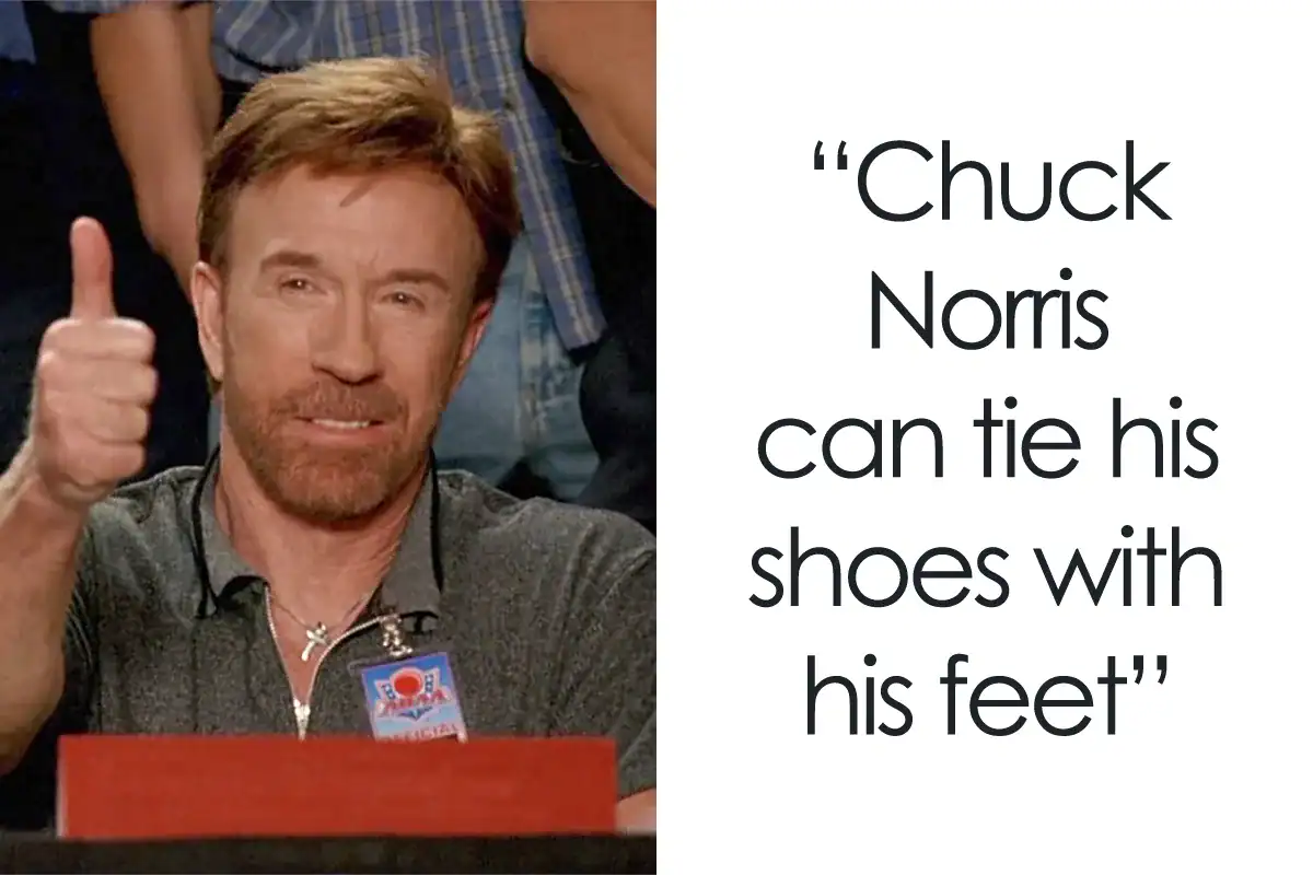Chuck Norris giving a thumbs-up with a humorous quote about tying shoes with his foot.
