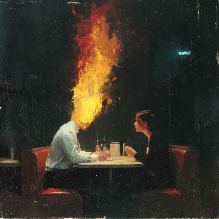 Artistic depiction of a fiery head facing a calm, icy figure across a table, symbolizing contrasting.