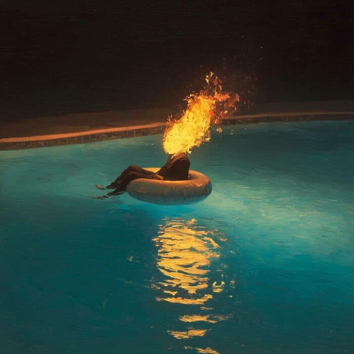 Fire-breathing performer on pool float creating flames in a dark setting.