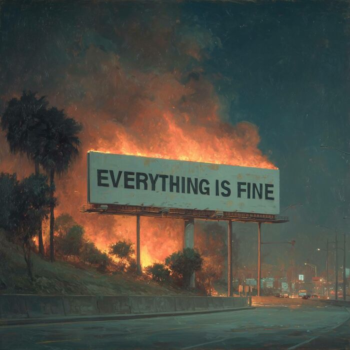 Billboard reading "Everything is Fine" during a fiery wildfire scene.