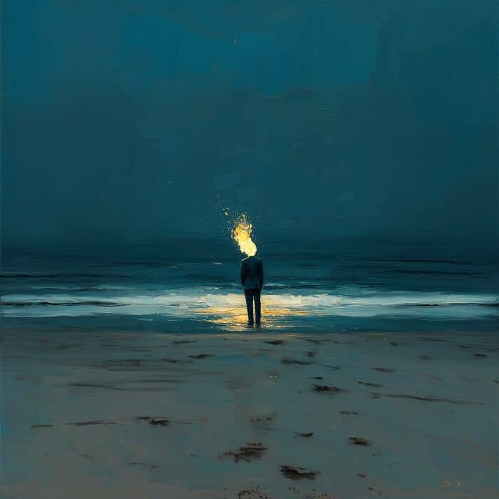 Person standing on the beach with a fiery head, representing inner emotional struggle and human vuln.