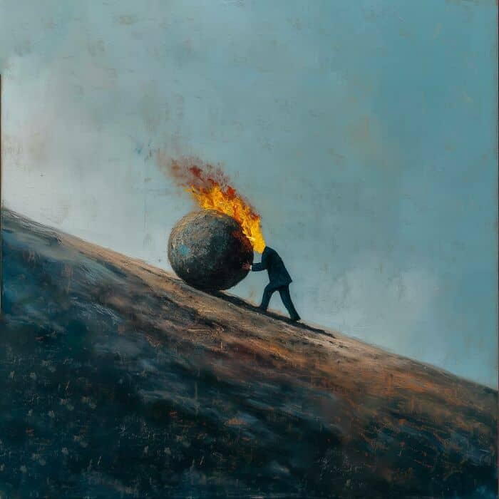 Digital art of a person pushing a flaming Earth ball uphill, symbolizing emotional struggle.