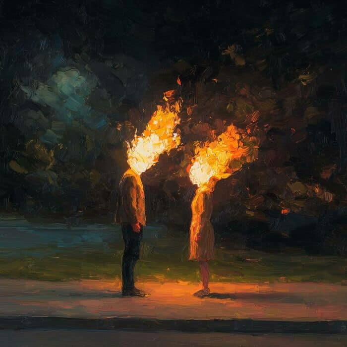 Artistic depiction of two people with flames as heads, symbolizing intense emotions.