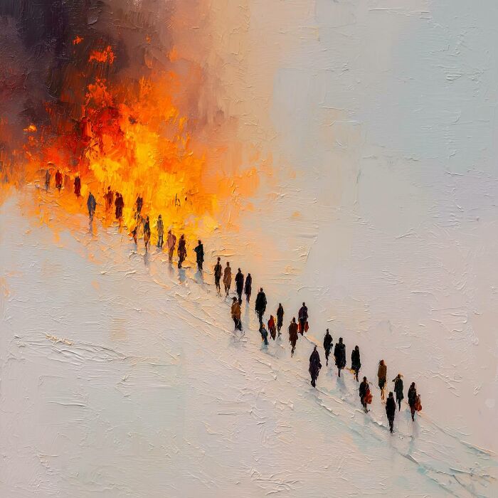 Digital painting of people walking away from a large fire, symbolizing human resilience and emotiona.