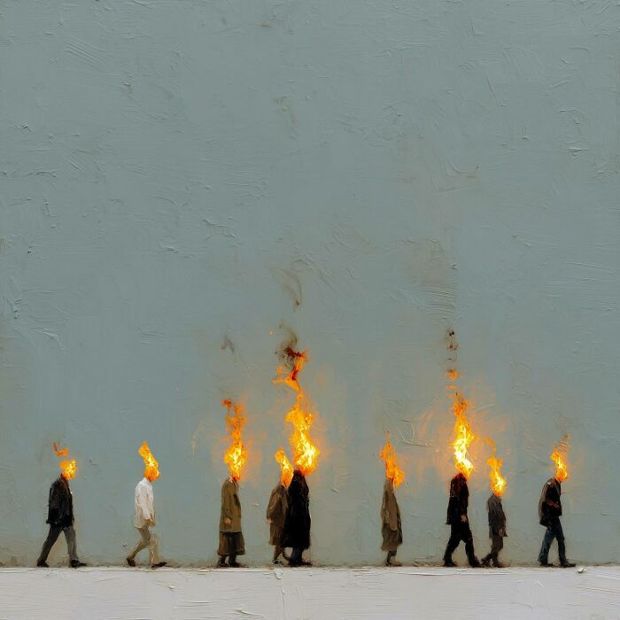 People walking with flames on their heads against a plain wall.