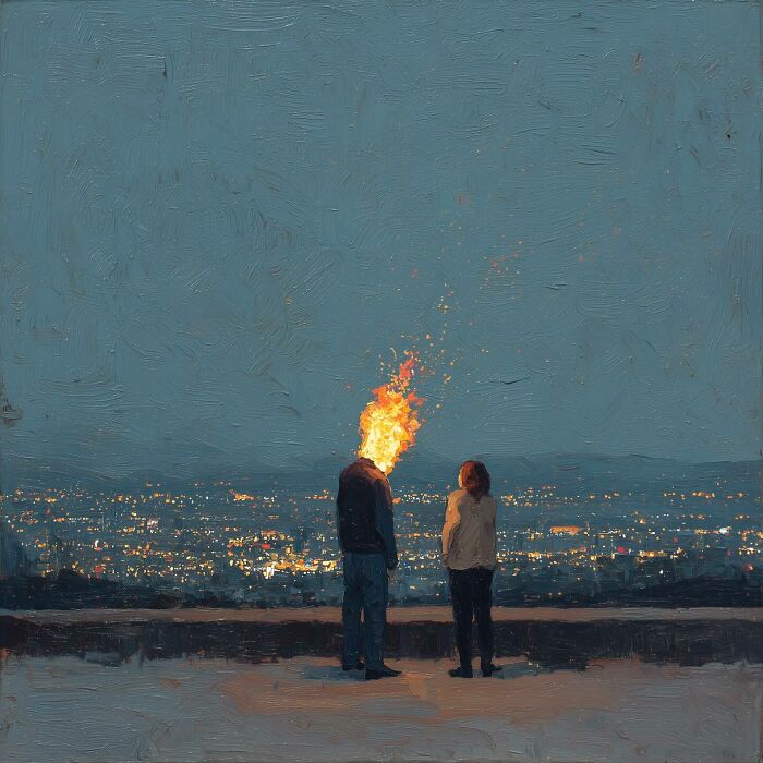 Surreal digital art depicting two figures with a fiery head against a cityscape at dusk.
