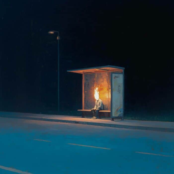 Person sitting at bus stop with fire on face, night scene, urban setting.