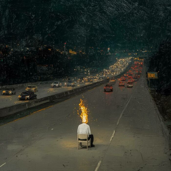 A solitary person sitting on a chair in the middle of a highway, illuminated by a small fire, symbol.