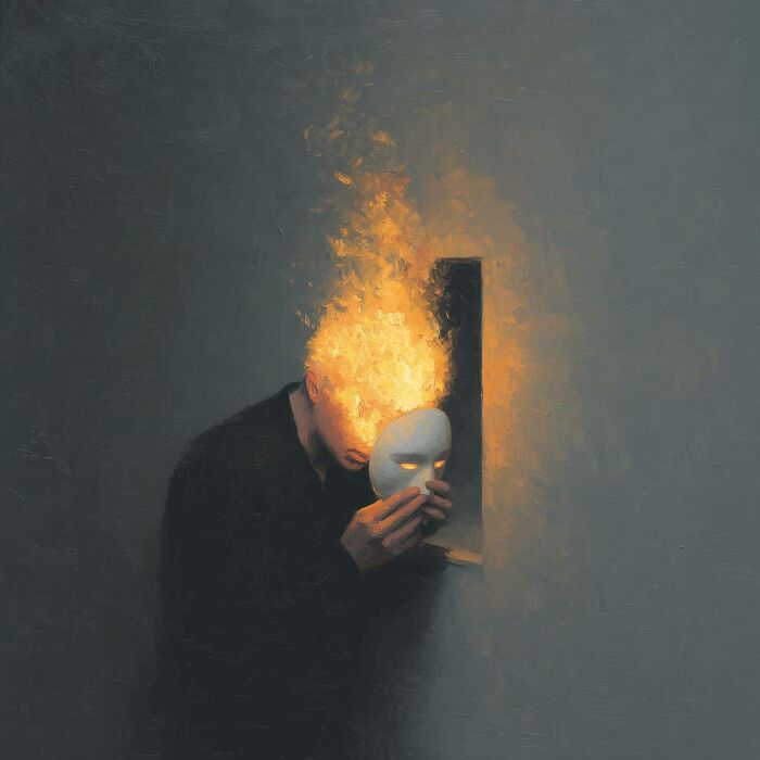 Digital art of a person holding a mask with a fiery head emerging from a wall.
