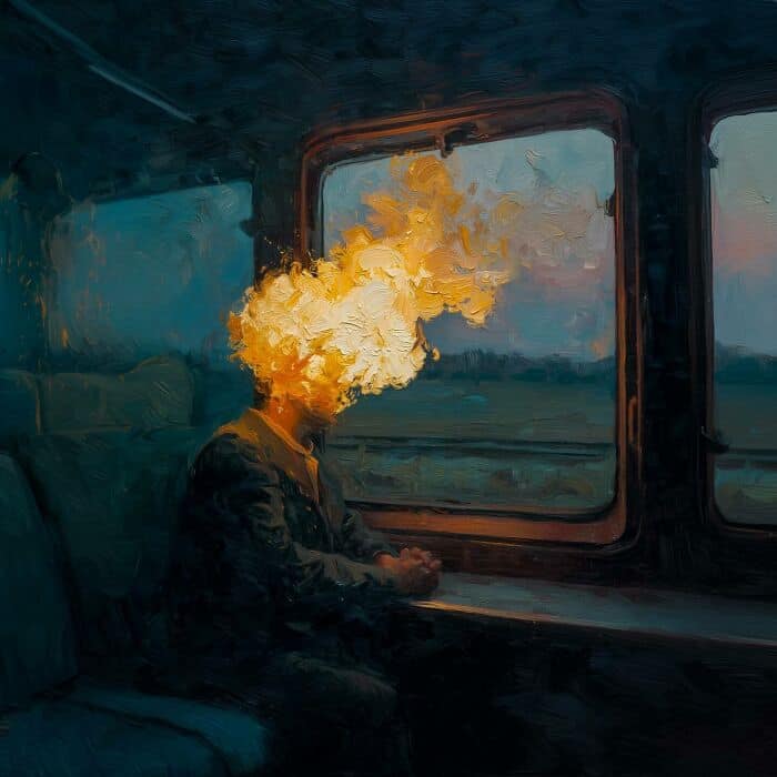 Person with cloud of smoke or fire coming from their head on a train.